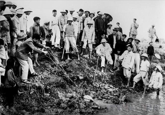 Chủ tịch Hồ Chí Minh đến thăm và tham gia tát nước chống hạn cùng nông dân xã Đại Thanh, Hà Đông (nay là Hà Nội), ngày 12/1/1958. (Ảnh: Tư liệu TTXVN)